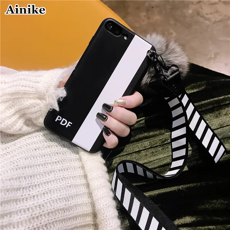 

Ainike Soft Silicone Phone Case For Apple X XR XS Max Warm Soft Rabbit Fur Ball For iPhone 5s SE 6S Plus 7Plus 8PLus With Strap