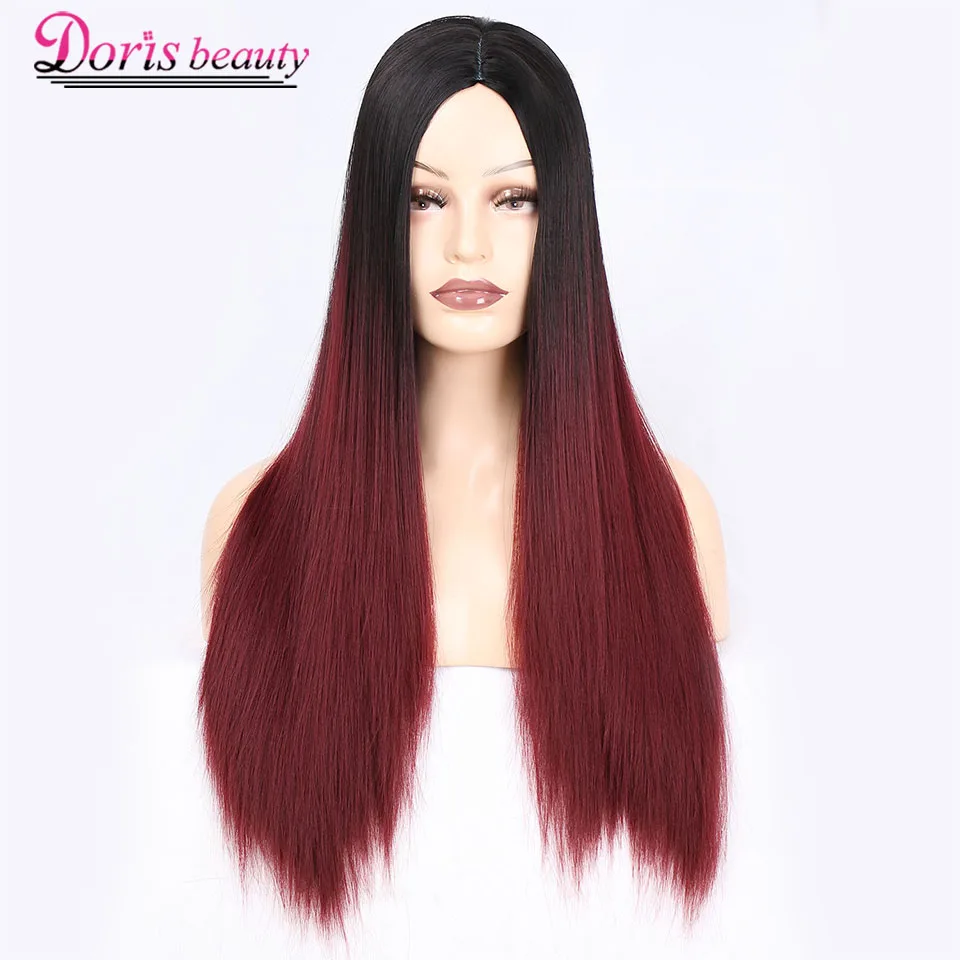 Doris beauty Long Straight Ombre Black Wine Red Wigs for Women with ...