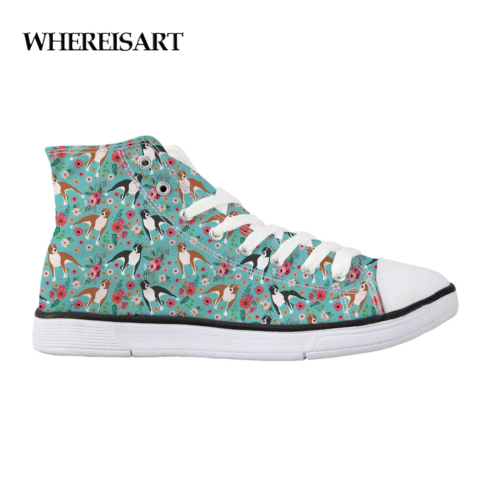 

WHEREISART Women Canvas Shoes 3D Staffordshire Terrier Flower Print Girl Students Leisure Shoes Flats High Top Vulcanized Shoes