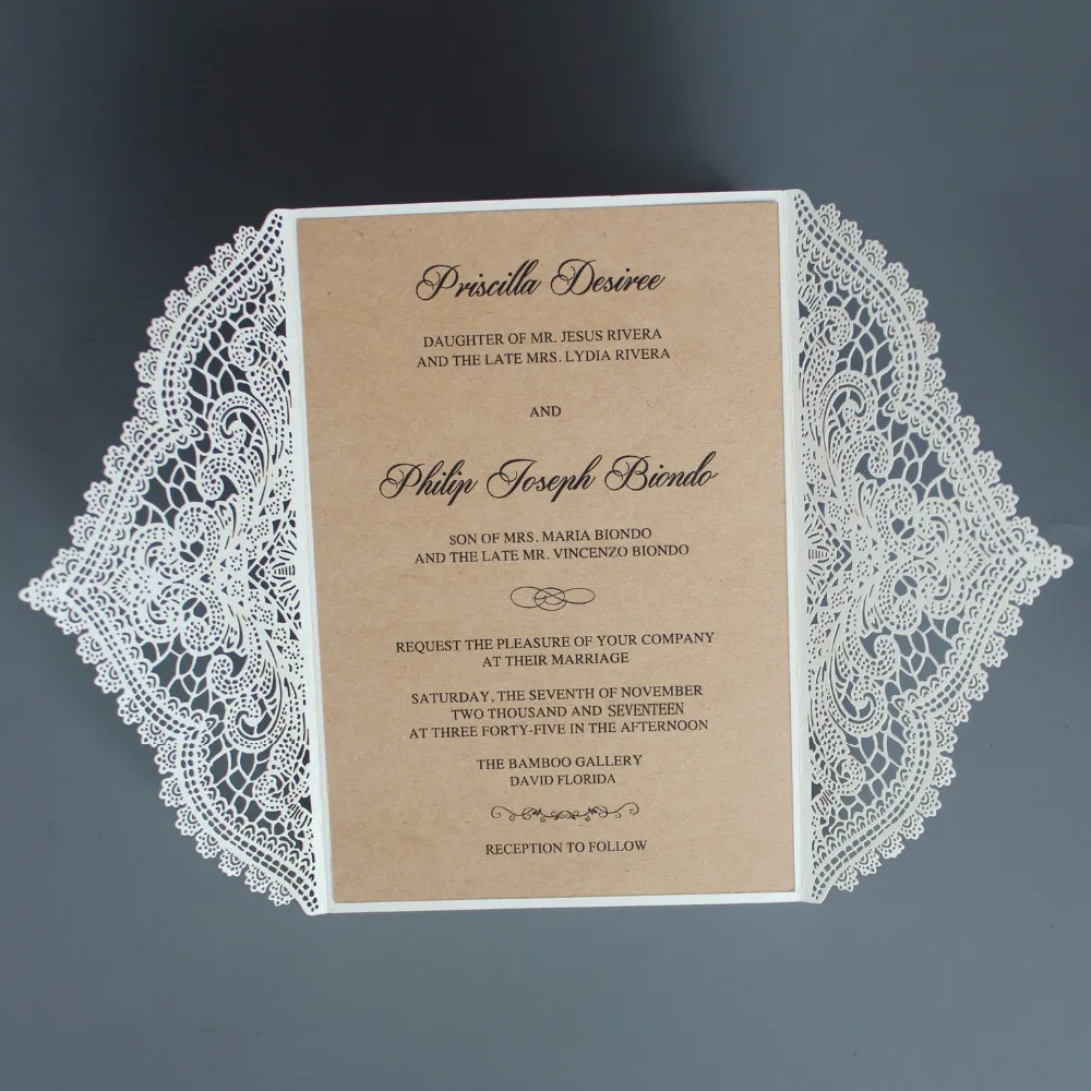  Rustic Wedding Invitations Suite Kraft Paper Invitation Cards Lace Wedding Invite With Envelope - S - 32904787350