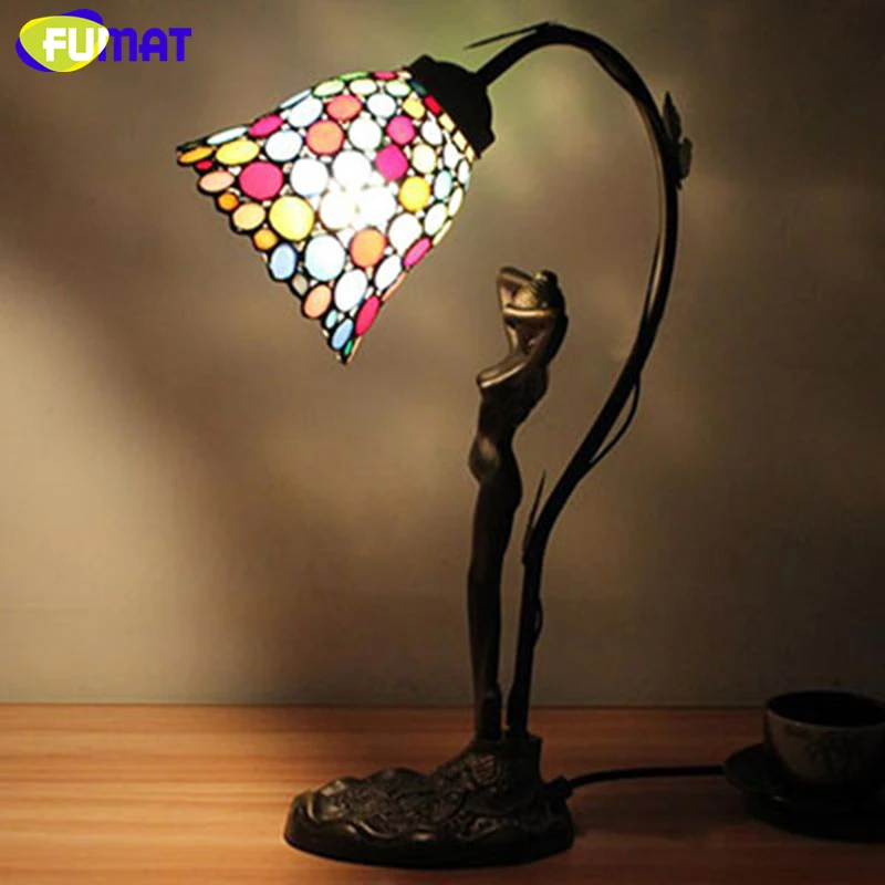 FUMAT Tiffany Stained Glass Desk Lamps Girls Gift Grape Rose Dragonfly Pearl Morning Glory Pattern Table Night Lights  32.