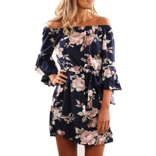 2018 Spring Summer Floral Beach Dress Women Vintage Ruffle Slash Neck Mini Dress Sexy Plus Size Casual Loose Strap Party Dress