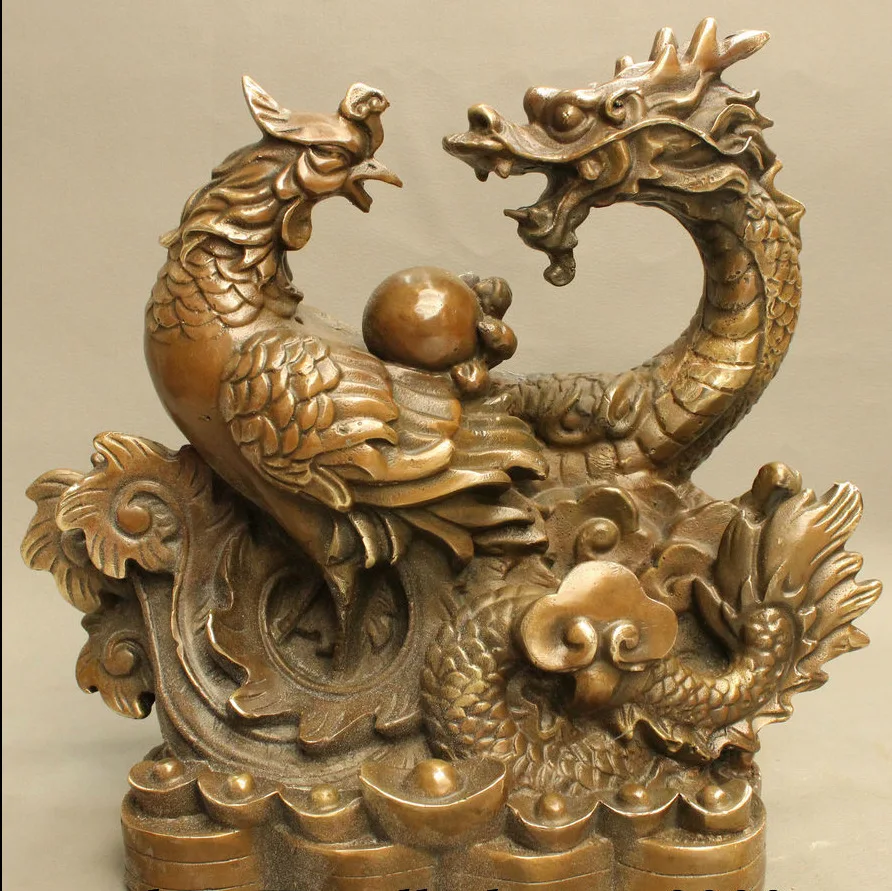 

wan671090+++12 Folk Chinese Bronze Copper Fu YuanBao Coin JiXiang Dragon Phoenix Ball Statue