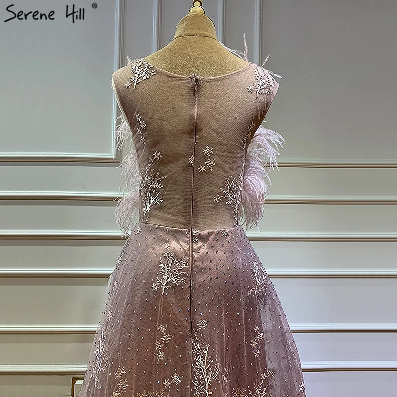 Вечерние платья с розовыми перьями и кристаллами в дубайском стиле, роскошные сексуальные вечерние платья без рукавов Serene Хилл LA60956