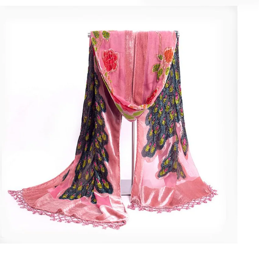 Армейский зеленый Женский бархатный шелковый вышитый бисером шаль шарфы Китайская традиционная ручная вышивка шарф обертывание Cachecol Павлин NP055