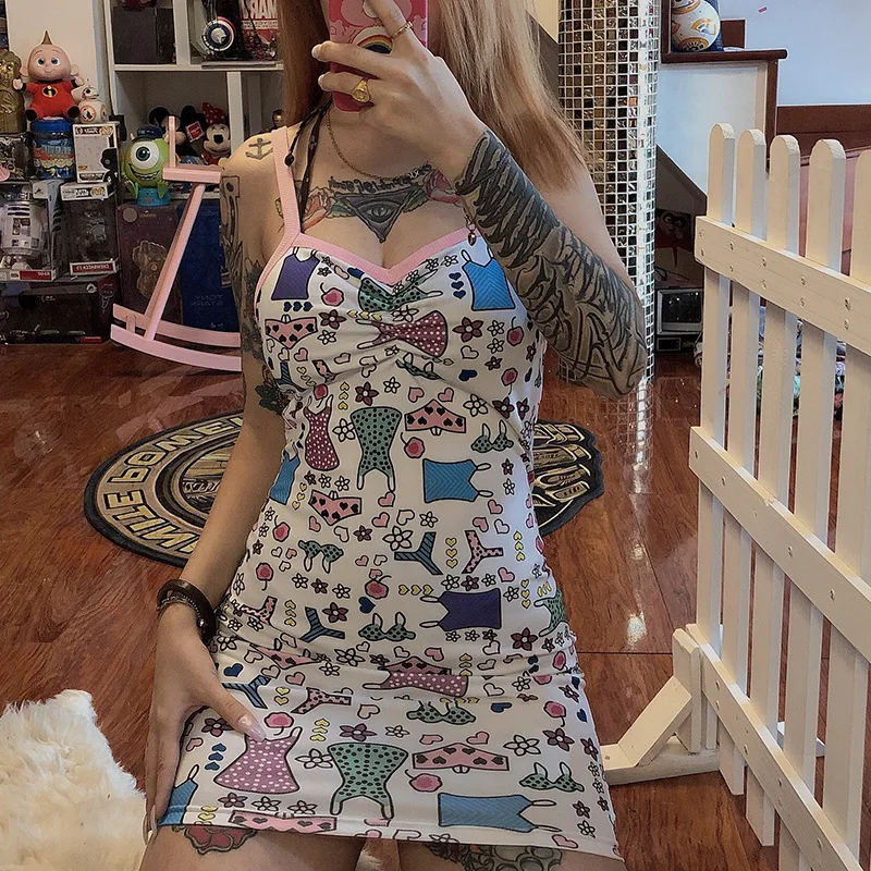 

ArtSu Harajuku Cute Bodycon Dress Women Sleeveless V neck Mini Short Ladies Dresses Off Shoulder Cartoon Kawaii Dress ASDR22356
