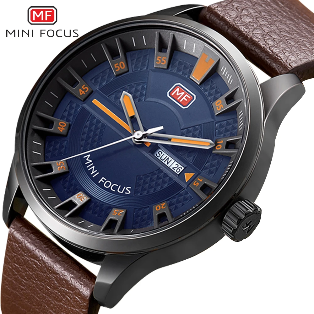 

MINI FOCUS Casual Simple Quartz Watch Men Leather Strap Blue Dial Date Week Display Top Brand Luxury Fashion Wristwatches 2019