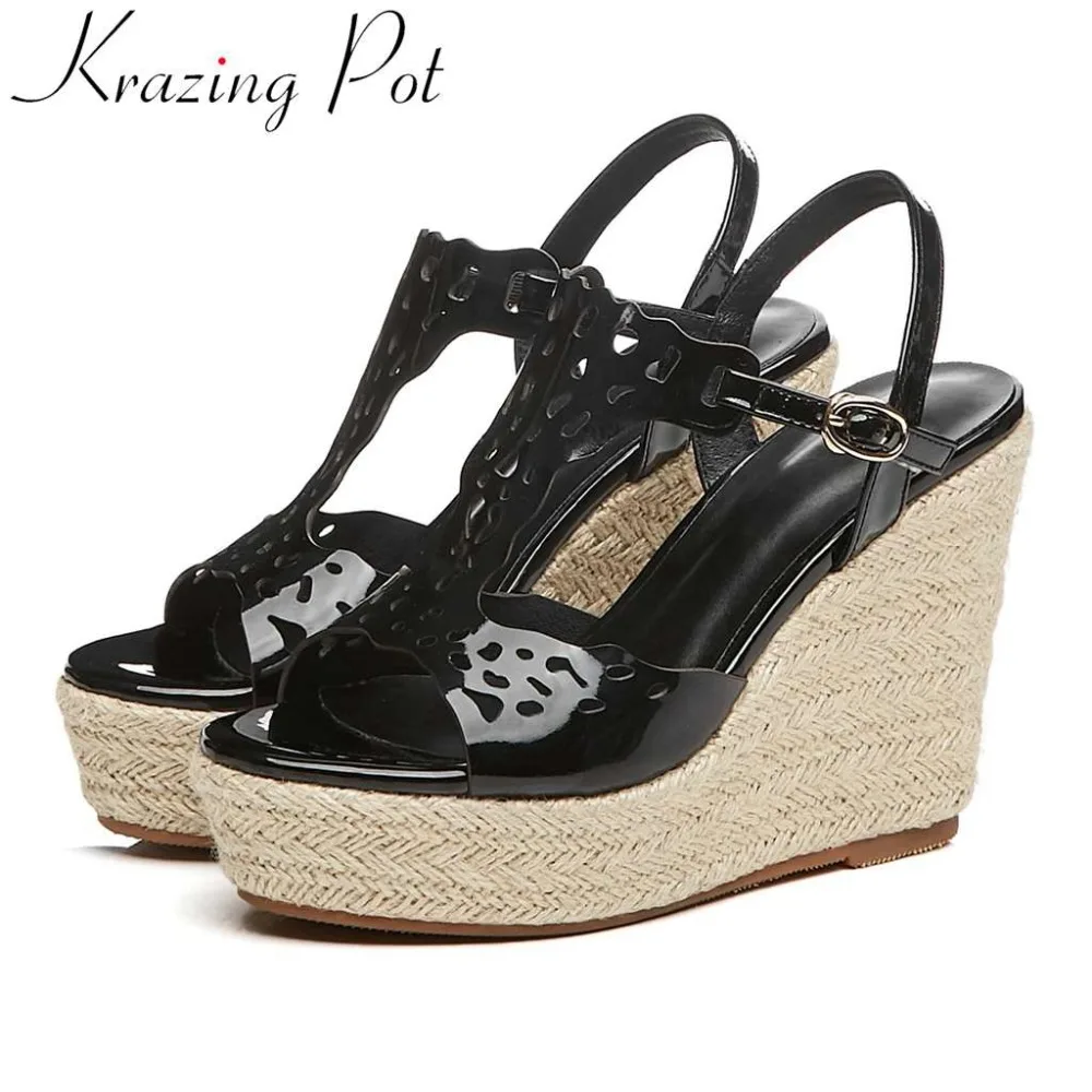 

Krazing Pot real cow leather wedges high bottom straw decoration peep round toe buckle strap fashion runway vocation sandals L89