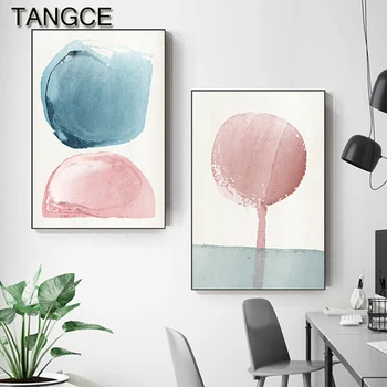 Billige Nordic Rosa Blau Malerei Tableaux Abstrakte Poster Und Drucken Grüne Wand Kunst Für Wohnzimmer Eingang HD Cuadros Salon Decoracion