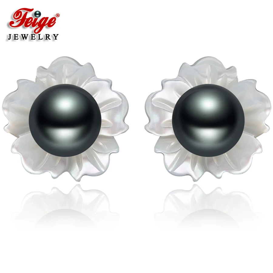 

FEIGE 6-7mm Black Freshwater Pearls 925 Silver Shell Carvings Stud Earrings For Women Brincos Exclusive Design Fine Jewelry
