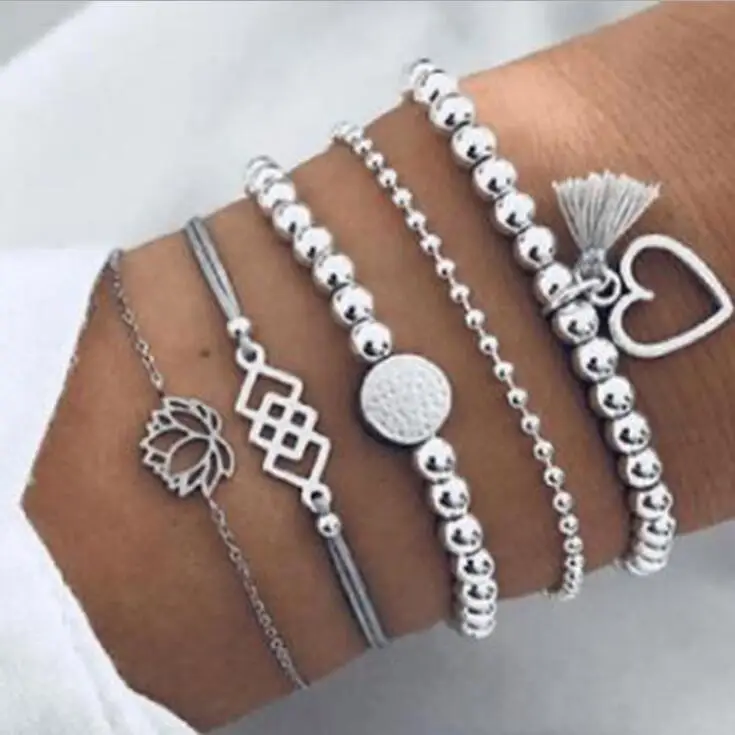 

618 Temperament 5pcs set Daisy Heart Square Joker Multielement Bracelet Adjustable Opening Bangle Bijoux Jewelry Gift B3160