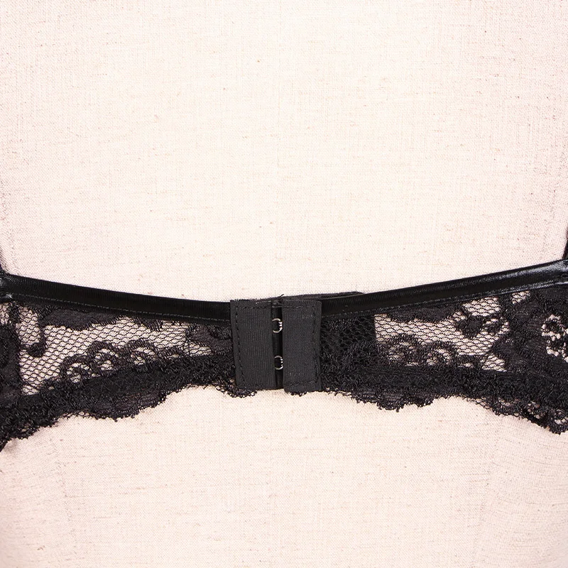 Black Sexy Lingerie Set Lace Vinyl Leather Push Up Bra Low Waist Panties G String Ladies Suspender Wet Look Erotic Underwear  (8)