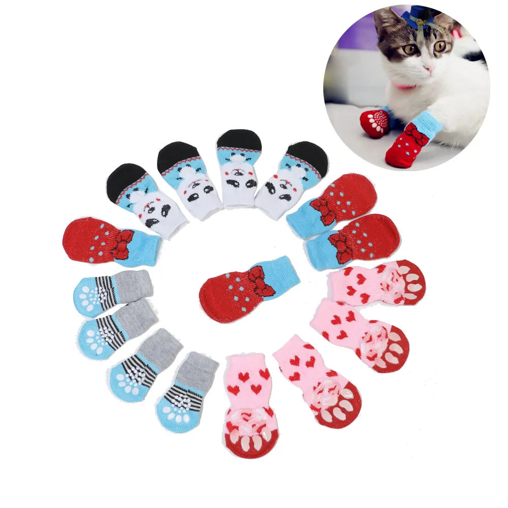 

4pcs/set Cute Puppy Cats Socks Cartoon Bowknot Anti-Slip Knit Small Dogs Shoes Chihuahua Boots For Winter Indoor Wear Slip Socks