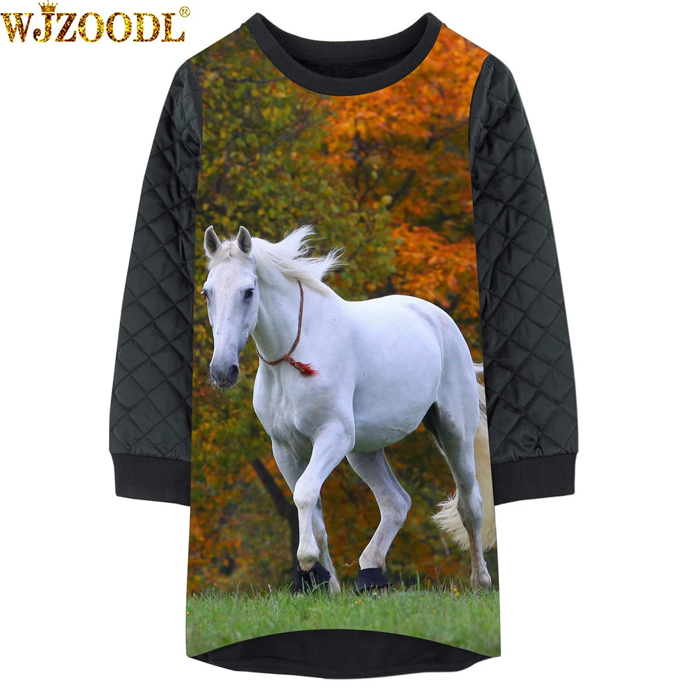 

new New Autumn Fashion Style Long Sleeve Girls Dress Kids es White horse print Princess 2-12Y