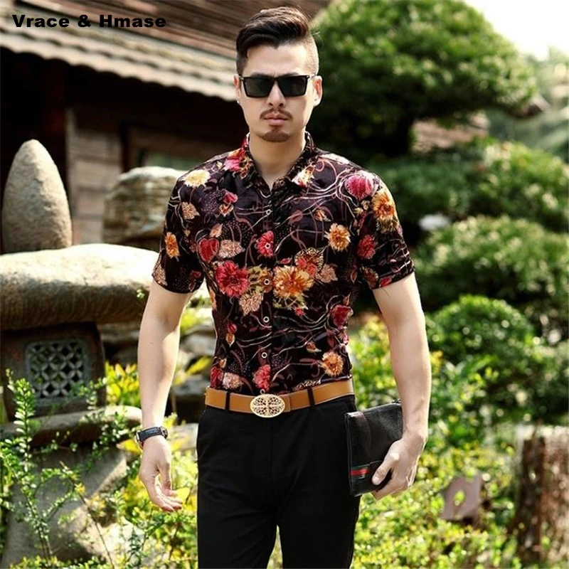 

Chinese style exquisite flower pattern printing fashion short sleeve shirt Summer 2018 quality hollow breathable silk shirt men