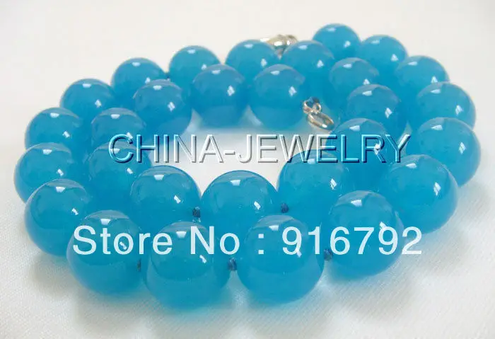 

free shipping >>>>>Beautiful 17" 14mm Natural round blue jade necklace