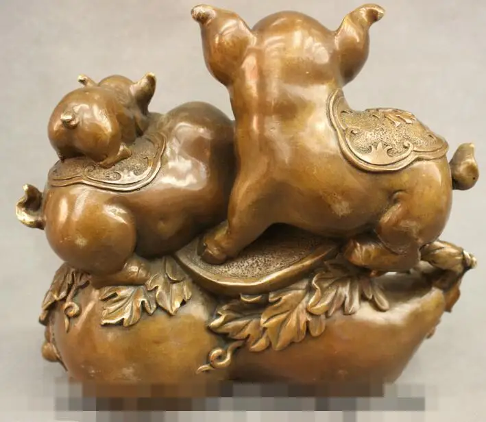 

S1395 10" Chinese Bronze Copper Family 3 Happy Fu Pig Statue On JiXiang FengShui Gourd