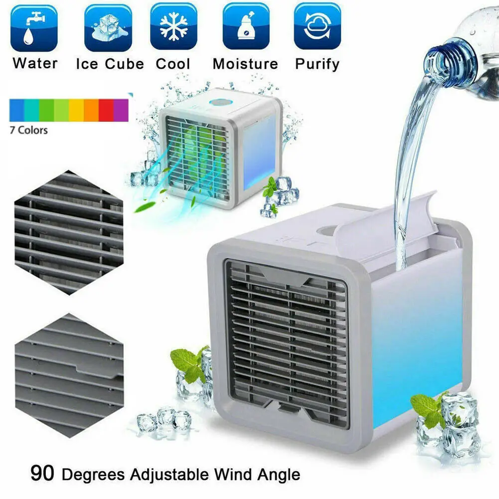 Портативный светодиодный мини-кондиционер, 7 цветов, охлаждающий вентилятор для спальни, кулер для воды, кубик льда, регулируемые вентиляторы охлаждения на 90 градусов