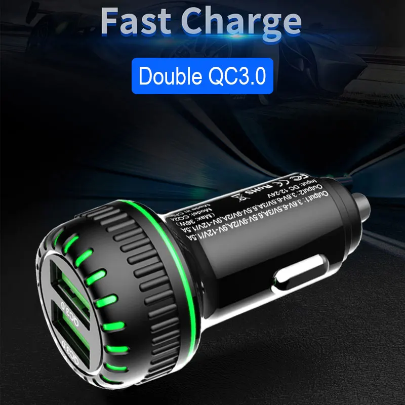 Двойной QC 3,0 с кольцо со светодиодной подсветкой зарядное устройство прочный автомобильный портативный разъем мобильного телефона