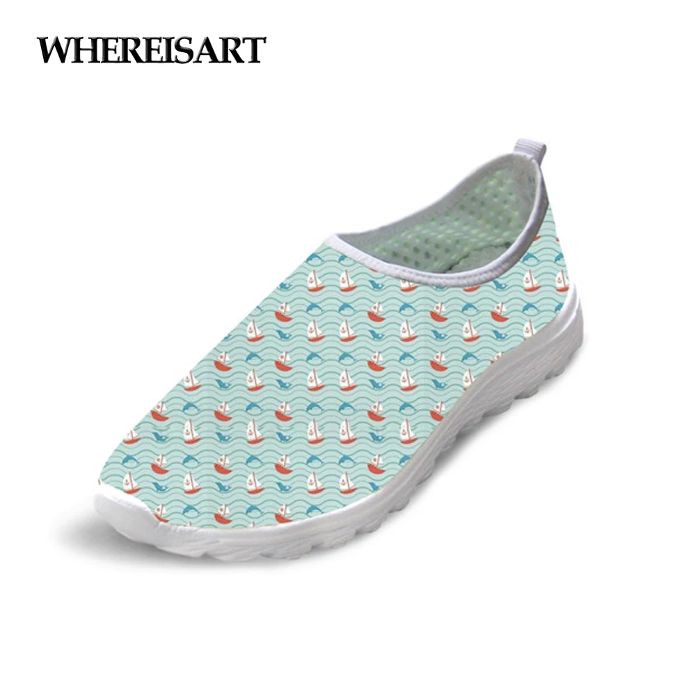 

WHEREISART Sailboat Print Women Loafers Flats Beach Water Shoes Brand Designer Women's Casual Mesh Light Shoes Woman Zapatos
