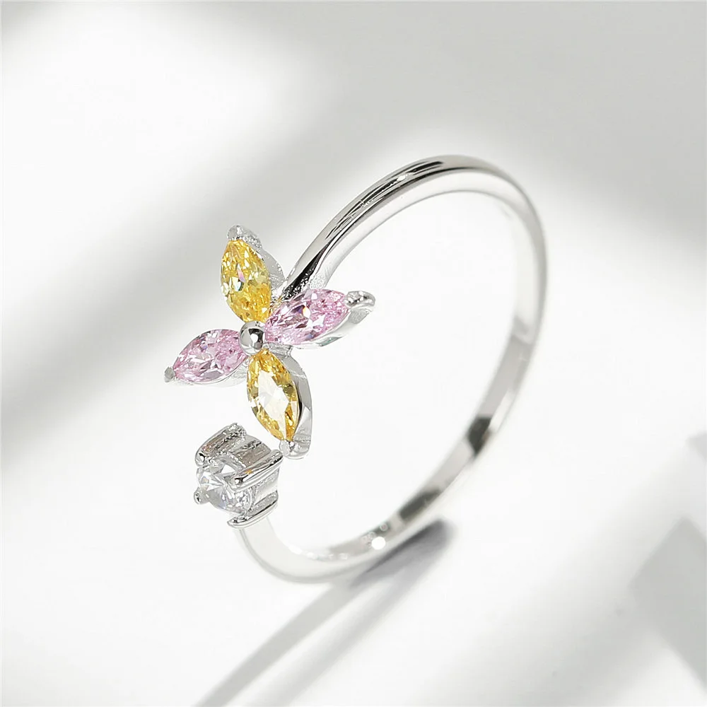 four leaf flower CZ Rings 100% Sterling 925 silver Jewelry Vintage Adjustable rings for women gift