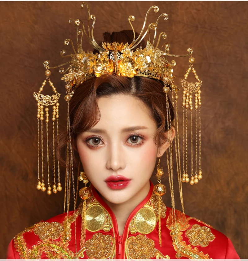 Himstory классический китайский стиль Свадебный золотой свадебный головной убор костюм Ретро Корона ободок для невесты украшения для волос аксессуары
