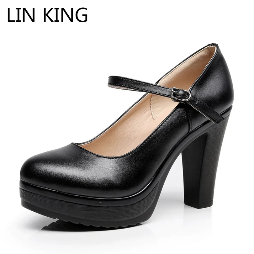 

LIN KING Fashion Buckle Women High Heel Shoes Square Heel Ladies Pumps Solid Low Top Platform Shoes Female Party Wedding Shoes
