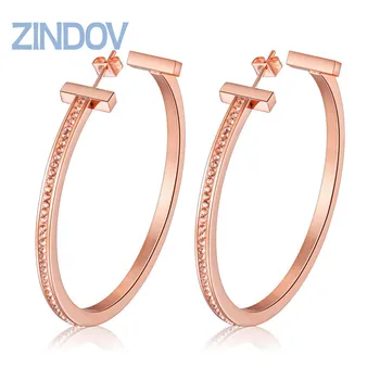 

Trendy Women Hoop Earrings Round Dangle 45mm Stainless Steel Rose Gold Top Clear Crystals Female Girl Party Jewelry Accessories