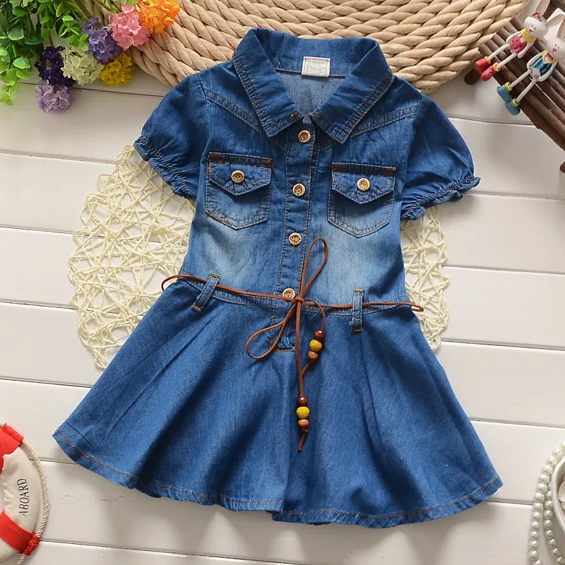 New 2016 Baby Girl Summer Denim Dress for kids Jeans Leisure Dresses Cute Beautiful with belt