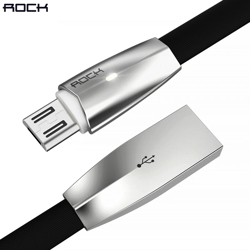 3D светодиодный светильник Micro USB кабель, ROCK 2A цинковый сплав светодиодный Micro кабель для Galaxy быстрое зарядное устройство кабель для Xiaomi - Цвет: Черный