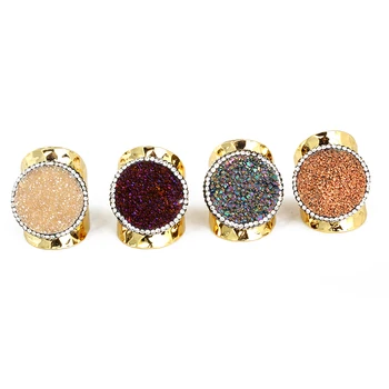

Luxury Design Jewelry Shampagne Dark Purple Orange Druzy Drusy Rough Stone Pave Rhinestone Golden Adjustable Open Unisex Ring