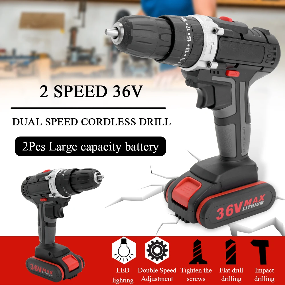 

Multifunction Impact Cordless Electric Drill 36V Wireless Rechargeable Hand Drills DIY Electric Power Tools with Lithium Battery