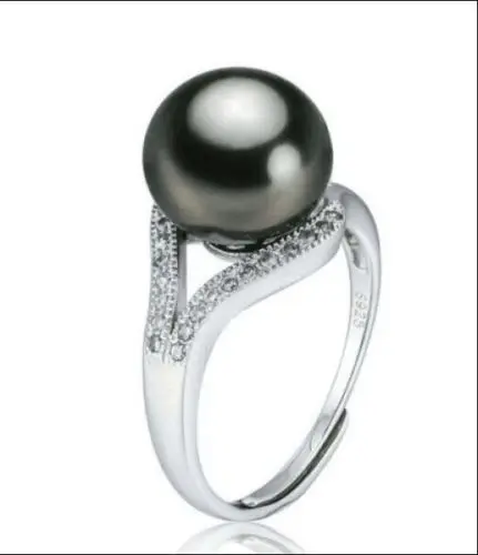 

Free Shipping 11mm huge Tahitian genuine black pearl ring silver size can resized dftdi