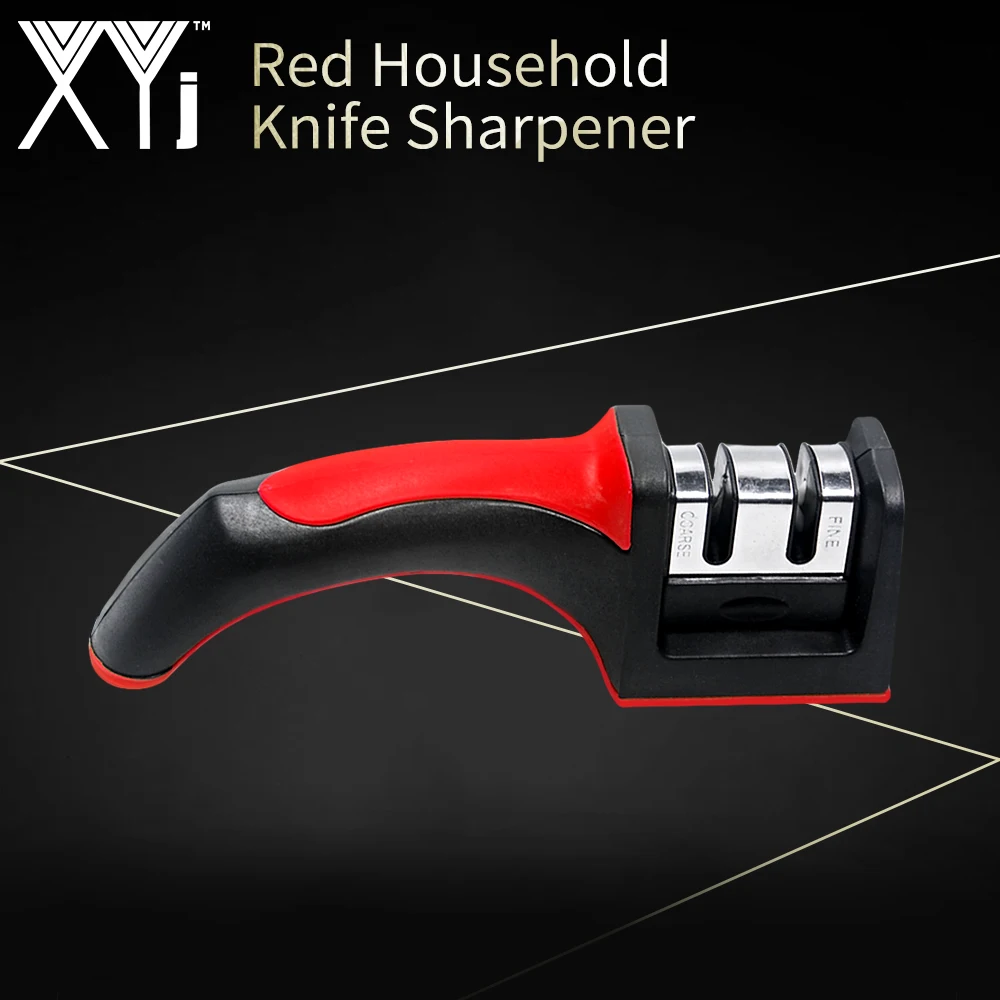 

XYj 3 in 1 Knife Sharpener Gray Red Stainless Steel Sharpening Stone Kitchen Helper Household Sharpening Tool Steel Knife