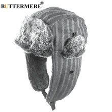 BUTTERMERE ruso sombreros de invierno hombres rayas piel bombardero sombrero gris Hunter's Hats Ushanka con orejas solapas nieve caliente mujeres gorra rusa(China)