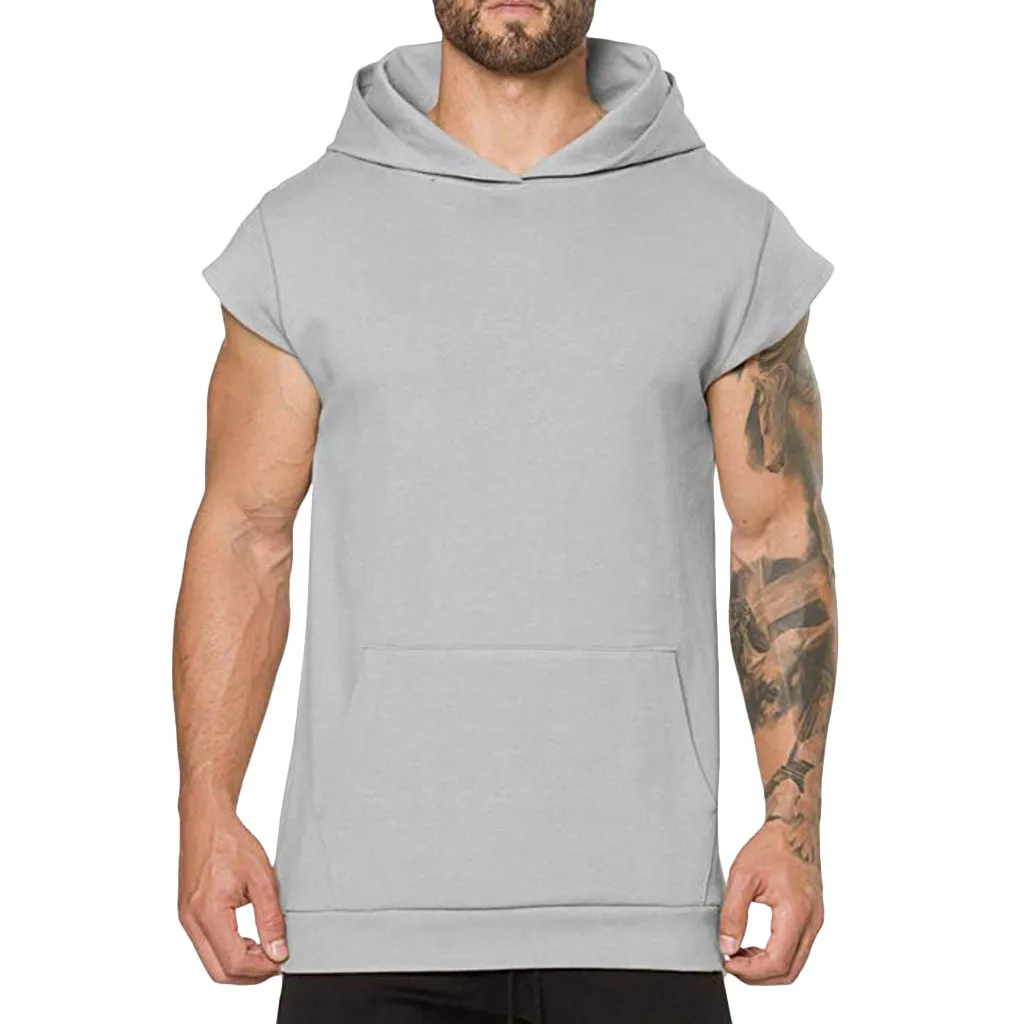 Summer Hooded Tank Tops Men's Casual Pocket Solid Color Vest Top Men
