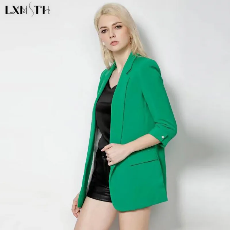

LXMSTH Casual Blazers 2019 Spring Coat Women Three Quarter Middle Long Slim Thin Solid Suit Jacket Female Pink Green Blue Black