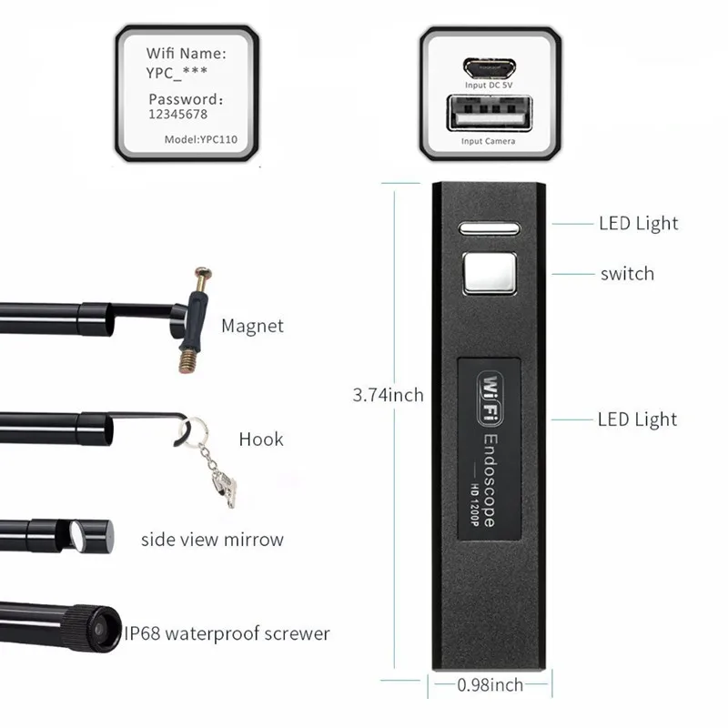 Prostormer 1200p HD Wifi Endoscope Camera for Iphone Android Inspection Snake Camera 8mm USB Endoscope Waterproof Borescope 8