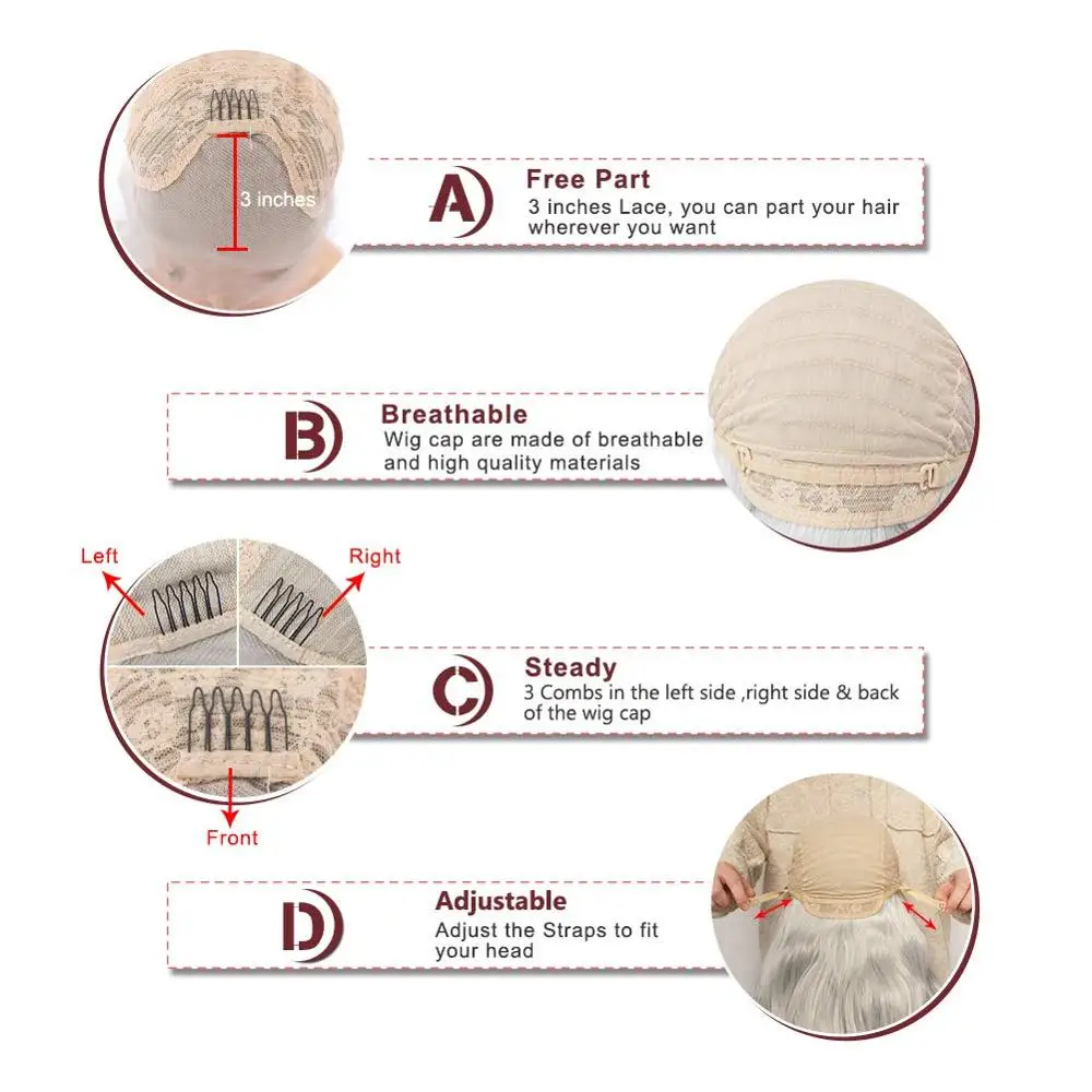 Ebingoo High Temperature Fiber Long Body Wave Silver Grey Synthetic Lace Front Wig for Women Girls Free Part