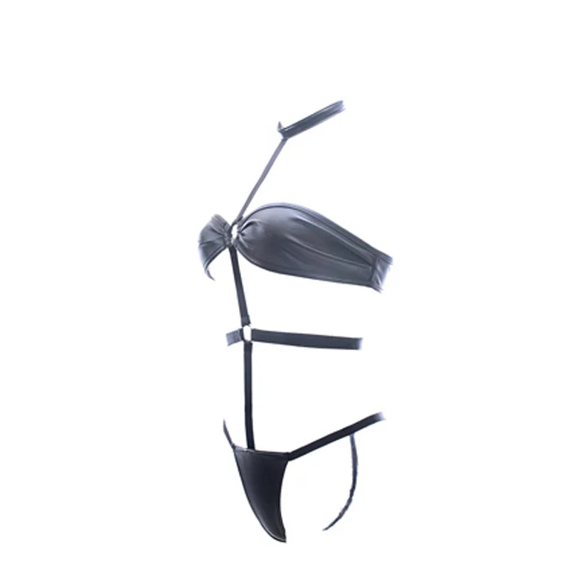 Womens Halter Faux Leather Strappy Studded Body Harness Hollow Out Fetish Bodysuit Fetish Role Play Restraint Sexy Costume