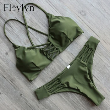 

ABOUTTHEFIT Halter Sexy Green Sold Color Swimwear 2017 Women Triangle Cut Out Push Up Bikini Swimsuit Drop Shipping
