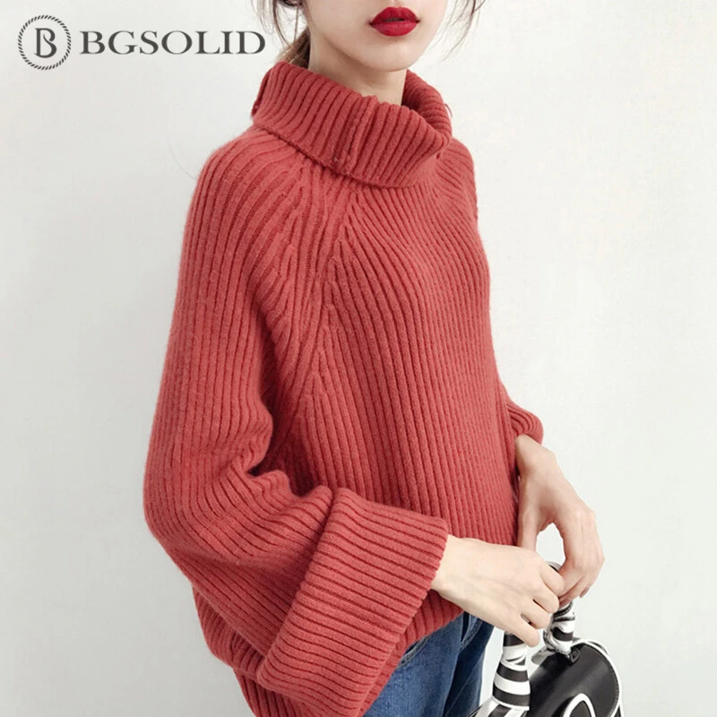 С высоким воротником свитер женский корейской версии с расклешенными рукавами свободные осенние и зимние утолщенной сладкий сплошной