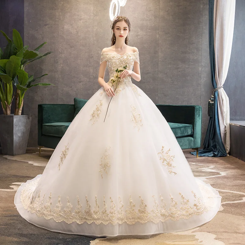

2019 New Boat Neck Off The Shoulder Wedding Dress Beautiful Lace Embroidery Beading With Train Bridal Gown Vestido De Noiva L
