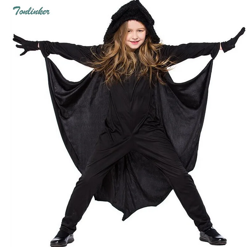 

Boys Batman Cosplay Costume for Children Superhero Black Jumpsuit Connect Wing Batman Halloween Fancy Party for kids with Gloves