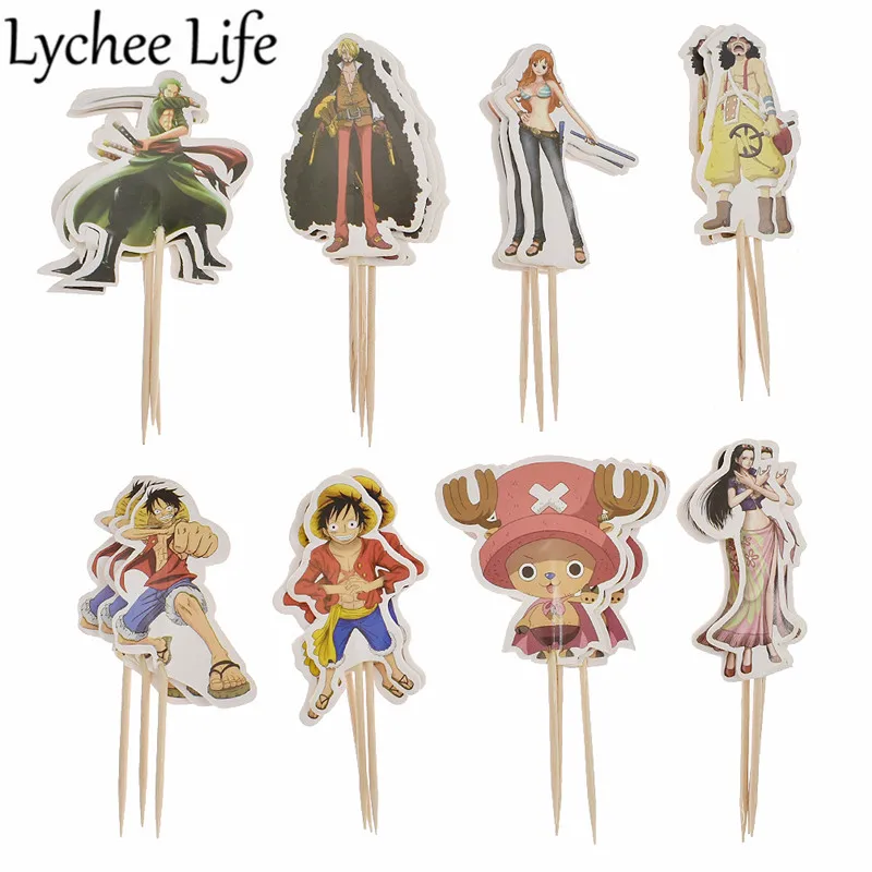 

Lychee Life 24pcs One Piece Cartoon Figure Cake Topper Japanese Animation Cake Inserted Toppers Modern Birthday Party Cake Decor