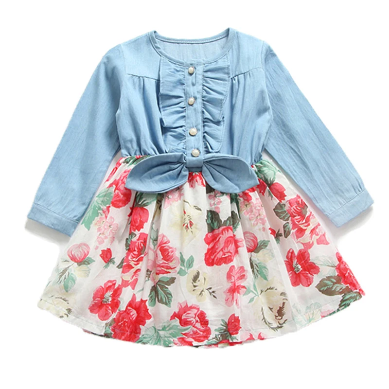 Children Girls Clothing Baby Denim Ruched Long Sleeve T-Shirt Tops Blouse Solid O-Neck Cute Dress | Детская одежда и обувь