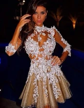 Fashion Short Homecoming Dresses 3 4 Sleeves See Through Lace Appliques Cocktail Party Dresses Prom Gown