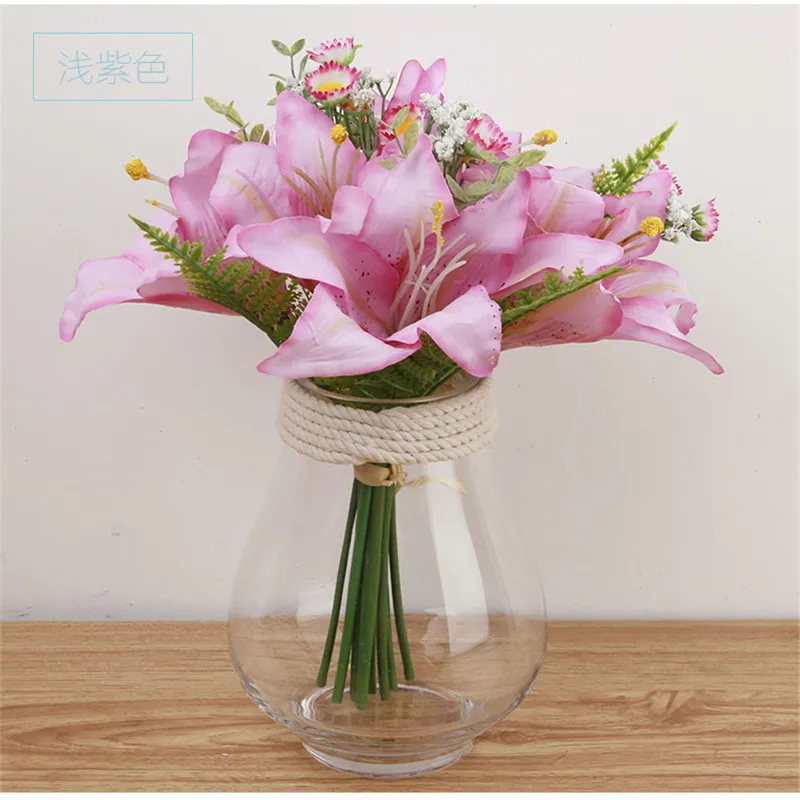 Artificial Lily Flower Bouquet Blue Purple White Bridal Lily Silk Fake