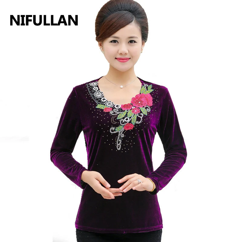 

NIFULLAN Warm Velvet T Shirt Women Long Sleeve Tops Pullovers Spring Autumn Mother Plus Size Embroidery O-Neck Tee Shirt Femme