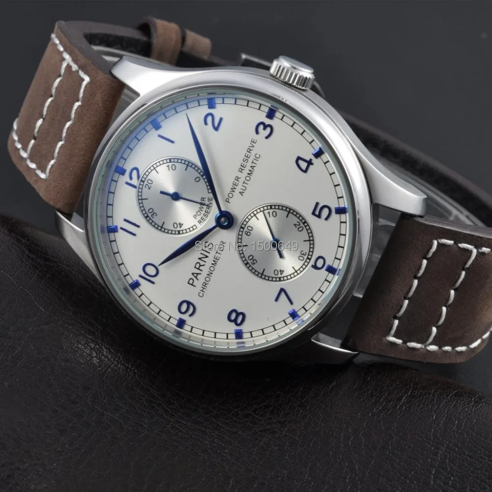 

Parnis 43mm mechanical Power Reserve White dial Automatic Men's Watch 1259